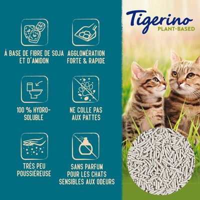 Tigerino Plant-Based, à base de fibre de soja et d’amidon, agglomération forte et rapide, 100 % hydrosoluble, ne colle pas aux pattes, très peu poussiéreuse, sans parfum pour chats sensibles.