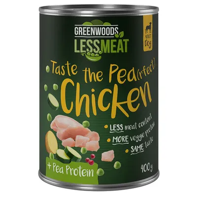 Greenwoods Less Meat Adult Dog, Taste the Pea(rfect) Chicken, minder vlees, meer plantaardig eiwit, zelfde smaak, met erwteneiwit, 400g blik.