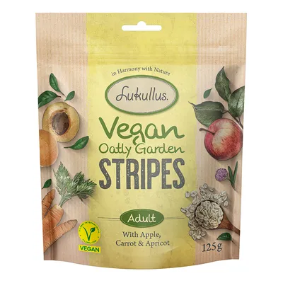 Lukullus Vegan Garden Stripes med äpple, morötter och aprikoser - 125 g Lukullus Vegan Garden Stripes med äpple, morötter och aprikoser - 125 g