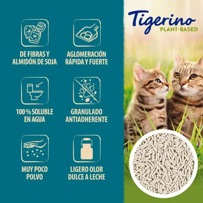 Tigerino Plant-Based. De fibras y almidón de soja, aglomeración rápida y fuerte, 100 % soluble en agua, granulado antiadherente, muy poco polvo, ligero olor dulce a leche.