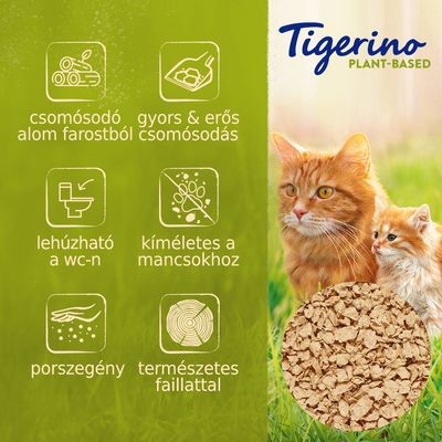 Tigerino Plant-Based macskaalom. Látható tulajdonságok: csomósodó, gyors & erős csomósodás, lehúzható a wc-n, kíméletes a mancsokhoz, porszegény, természetes faillattal.