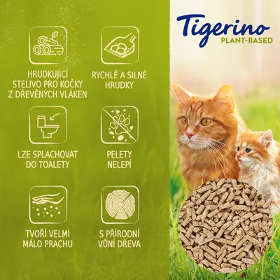 Tigerino Plant-Based hrudkující stelivo pro kočky z dřevěných vláken, rychlé a silné hrudky, lze splachovat do toalety, pelety nelepí, tvoří velmi málo prachu, s přírodní vůní dřeva.