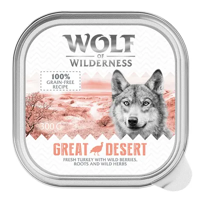Wolf of Wilderness Great Desert, 300g. Ricetta con tacchino fresco, frutti di bosco selvatiche, radici ed erbe aromatiche. 100% senza cereali.