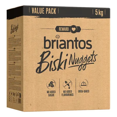 Briantos Biski Nuggets Value Pack, 5 kg. Hozzáadott cukor nélkül, mesterséges aromák nélkül, sütőben sütve.
