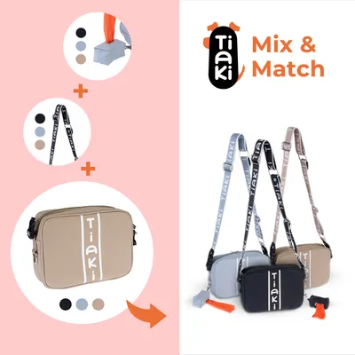 Tiaki Mix & Match: kombinálható táskák bézs, kék és fekete színben, hozzáillő pántokkal. Látható tartozék: zacskóadagoló.