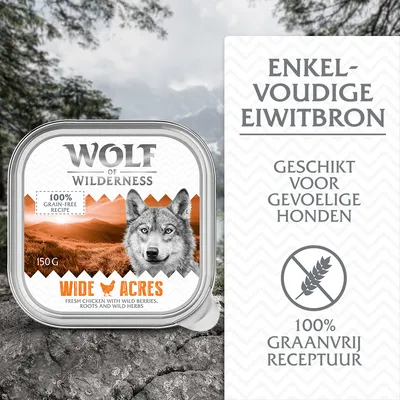 Wolf of Wilderness Wide Acres 150g, 100% graanvrij recept, enkelvoudige eiwitbron, geschikt voor gevoelige honden, verse kip met bessen, wortels en wilde kruiden