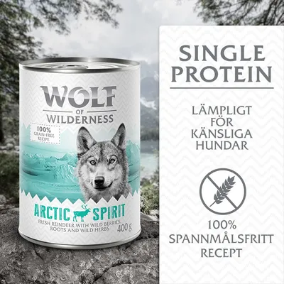 Wolf of Wilderness Arctic Spirit våtfoder 400 g, single protein, 100 % spannmålsfritt recept, lämpligt för känsliga hundar. Innehåller färskt renkött, bär, rötter och örter.
