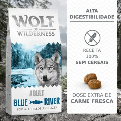 Wolf of Wilderness Adult Blue River para todas as raças e tamanhos. Alta digestibilidade, receita 100% sem cereais, dose extra de carne fresca.