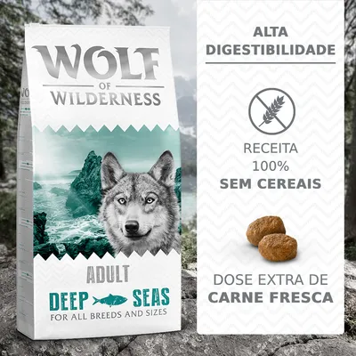 Wolf of Wilderness Adult Deep Seas para todas as raças e tamanhos. Alta digestibilidade, receita 100% sem cereais, dose extra de carne fresca.