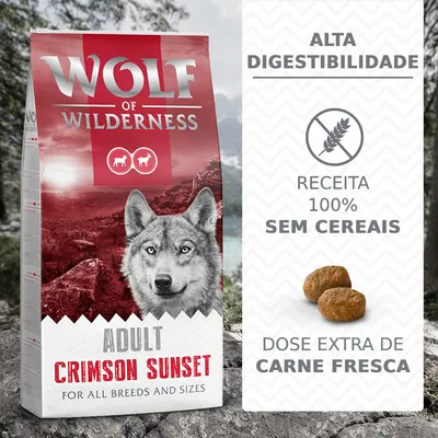 Wolf of Wilderness Adult Crimson Sunset, alta digestibilidade, receita 100% sem cereais, dose extra de carne fresca. Para todas as raças e tamanhos.