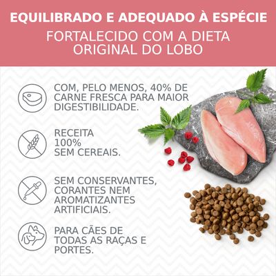 Equilibrado e adequado à espécie. Fortalecido com a dieta original do lobo. 40% carne fresca, sem cereais, sem conservantes, corantes ou aromatizantes artificiais. Para cães de todas as raças.
