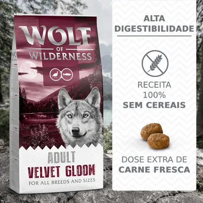 Wolf of Wilderness Adult Velvet Gloom para todas as raças e tamanhos. Alta digestibilidade, receita 100% sem cereais, dose extra de carne fresca.