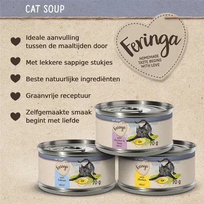 Feringa Cat Soup: ideale aanvulling, sappige stukjes, beste natuurlijke ingrediënten, graanvrij, zelfgemaakte smaak begint met liefde. Blikjes 70 g met zalm, kip & tonijn, kip.