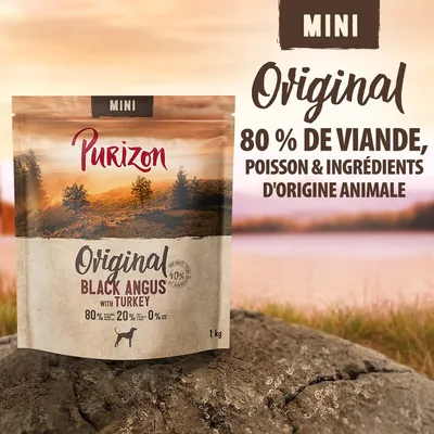 Purizon Mini Original Black Angus with Turkey, 1 kg. 80 % de viande, poisson et ingrédients d'origine animale. 20 % fruits/légumes, 0 % céréales. Texte visible sur l'emballage. Purizon Mini Original Black Angus with Turkey, 1 kg. 80 % de viande, poisson et ingrédients d'origine animale. 20 % fruits/légumes, 0 % céréales. Texte visible sur l'emballage.