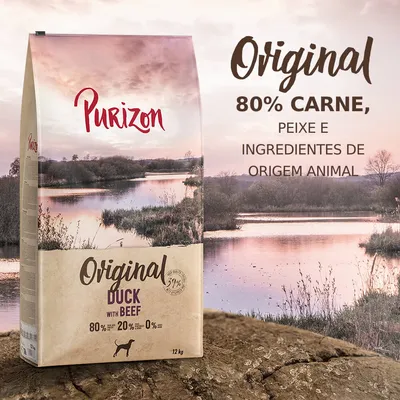 Purizon Original Duck with Beef, 12 kg. Texto visível: 80 % carne, peixe e ingredientes de origem animal; 80 % – 20 % – 0 %. Imagem do produto com paisagem ao fundo.