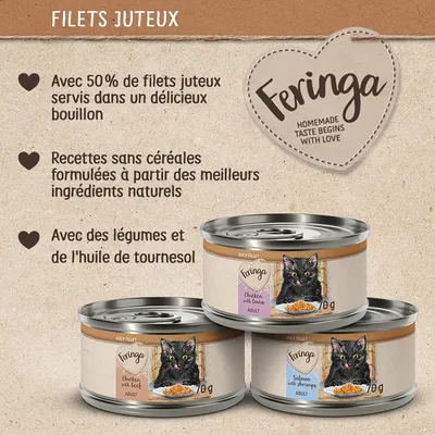 Feringa filets juteux : 50 % de filets servis en bouillon, sans céréales, avec légumes et huile de tournesol. Trois boîtes 70 g visibles : poulet avec bœuf, poulet avec dinde, saumon avec crevettes.