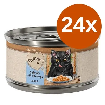 Feringa Salmon with shrimps Adult, 70 g burk med illustration av svart katt och texten '24x' i orange cirkel. Synlig viktangivelse.