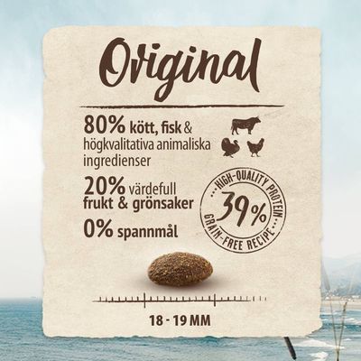 Original. 80 % kött, fisk och animaliska ingredienser, 20 % frukt och grönsaker, 0 % spannmål. High-quality protein 39 %. Foderbitens storlek: 18–19 mm.