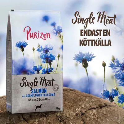 Purizon Single Meat Salmon with Cornflower Blossoms, 12 kg. Endast en köttkälla. 65 % kött, 35 % grönsaker, 0 % spannmål. Synlig blåklint på förpackningen.