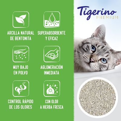 Tigerino Premium Natural Clay arena aglomerante, ultra absorbente, control rápido de olores, aglomeración inmediata, muy baja en polvo, con aroma a hierba fresca, 12 kg.