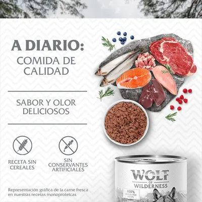 A diario: comida de calidad. Sabor y olor deliciosos. Receta sin cereales, sin conservantes artificiales. Wolf of Wilderness. Imagen de carne, pescado, frutas y lata de comida.