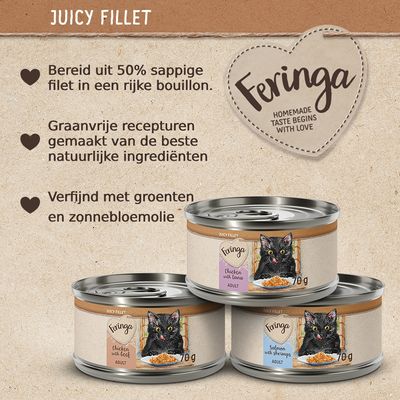 Feringa Juicy Fillet kattenvoer, blikjes 70 g. Tekst: bereid uit 50% sappige filet, graanvrije recepturen van natuurlijke ingrediënten, verfijnd met groenten en zonnebloemolie.