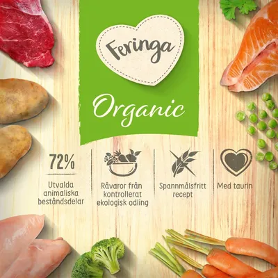 Feringa Organic. 72 % utvalda animaliska beståndsdelar, råvaror från kontrollerat ekologisk odling, spannmålsfritt recept, med taurin. Synliga ingredienser: kött, fisk, grönsaker.