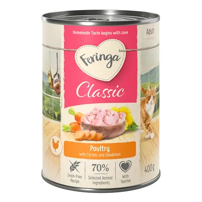 Feringa Classic Adult, drób z marchewką i mniszkiem lekarskim, bezzbożowa receptura, 70% wyselekcjonowanych składników zwierzęcych, z tauryną, puszka 400g. Feringa Classic Adult, drób z marchewką i mniszkiem lekarskim, bezzbożowa receptura, 70% wyselekcjonowanych składników zwierzęcych, z tauryną, puszka 400g.