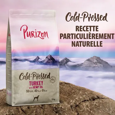 Purizon Cold-Pressed Turkey with Hemp Oil, 12 kg. Texte visible : Cold-Pressed, recette particulièrement naturelle, 55 % turkey, 45 % fruits/légumes, 0 % céréales.