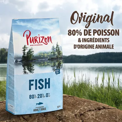 Purizon FISH pour chiens adultes, 12 kg. Original, 80 % de poisson et ingrédients d'origine animale. Analyse : 80 % poisson, 20 % autres, 0 % céréales. Texte en anglais sur l'emballage.