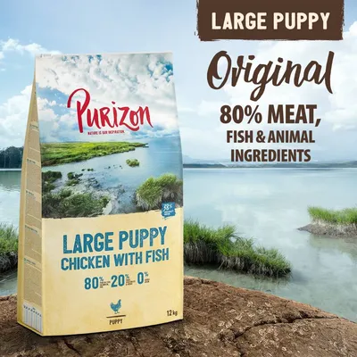 Large puppy chicken with fish, original recipe. 80% meat, fish and animal ingredients, 20% vegetables, 0% grain. 12kg bag. Large puppy chicken with fish, original recipe. 80% meat, fish and animal ingredients, 20% vegetables, 0% grain. 12kg bag.