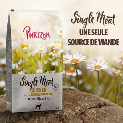 Purizon Single Meat Chicken with Camomile Blossoms, 12 kg. Une seule source de viande. 65 % viande, 35 % fruits et légumes, 0 % céréales. Texte en anglais et français visible sur l’emballage.