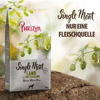 Purizon Single Meat Lamb mit Hopfenblüten, nur eine Fleischquelle, 55% Fleisch, 45% Gemüse, 0% Getreide, 12kg Packung.