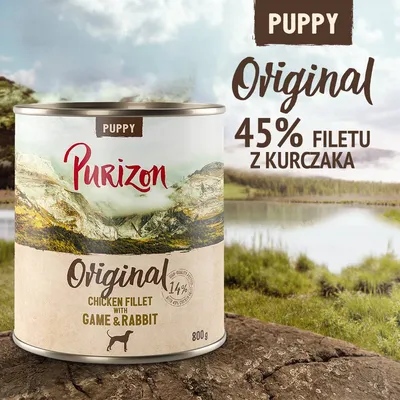 Purizon Puppy Original, 45% filetu z kurczaka, chicken fillet with game & rabbit, puszka 800 g. Widoczny tekst: 14% high quality ingredients, puppy.