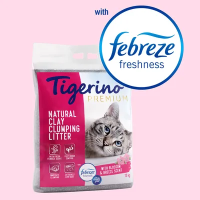 Tigerino Premium Natural Clay Clumping Litter mit Febreze Frische, Duft Blossom & Breeze, 12 kg. Eigenschaften: schnelle Klumpenbildung, geringe Staubentwicklung, Geruchskontrolle.