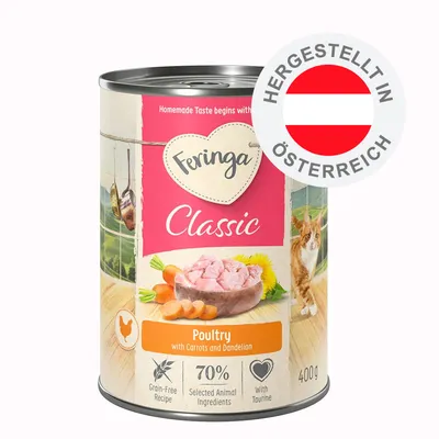 Feringa Classic Poultry with Carrots and Dandelion, 400g Dose, getreidefreie Rezeptur, 70% ausgewählte tierische Zutaten, mit Taurin. Hergestellt in Österreich.