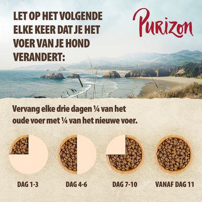 Purizon. Let op het volgende elke keer dat je het voer van je hond verandert: vervang elke drie dagen ¼ van het oude voer met ¼ van het nieuwe voer. Dag 1–3, dag 4–6, dag 7–10, vanaf dag 11.