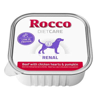 Rocco DietCare Renal. Nízký obsah bílkovin. Hovězí s kuřecími srdci a dýní.