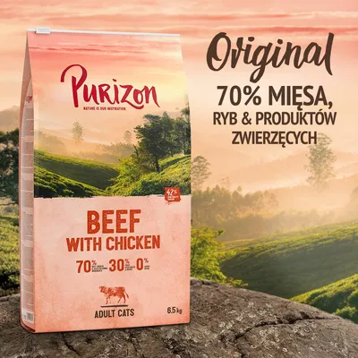 Purizon Beef with Chicken dla dorosłych kotów, 6,5 kg. 70% mięsa, ryb i produktów zwierzęcych. 42% protein. 0% zbóż. Original. Widoczny krajobraz na opakowaniu. Purizon Beef with Chicken dla dorosłych kotów, 6,5 kg. 70% mięsa, ryb i produktów zwierzęcych. 42% protein. 0% zbóż. Original. Widoczny krajobraz na opakowaniu.