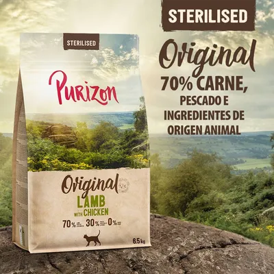 Purizon Sterilised Original Lamb with Chicken, 70 % carne, pescado e ingredientes de origen animal. Saco de 6,5 kg. 70 % cordero y pollo, 30 % fruta y verdura, 0 % cereales. Purizon Sterilised Original Lamb with Chicken, 70 % carne, pescado e ingredientes de origen animal. Saco de 6,5 kg. 70 % cordero y pollo, 30 % fruta y verdura, 0 % cereales.