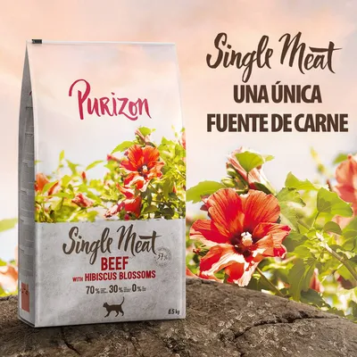 Purizon Single Meat Beef with Hibiscus Blossoms, 6,5 kg. Una única fuente de carne. 70 % carne, 30 % vegetales, 0 % cereales. Imagen del envase con flores de hibisco.