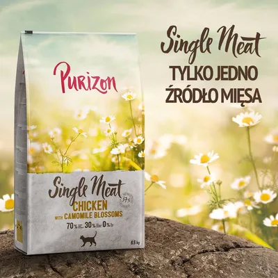 Purizon Single Meat Chicken with Camomile Blossoms, 6,5 kg. Tylko jedno źródło mięsa. 70 % mięsa, 30 % warzyw i owoców, 0 % zbóż. Opakowanie karmy dla kota.