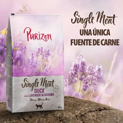 Purizon Single Meat Duck with Lavender Blossoms, 6,5 kg. Texto visible: 'Single Meat, una única fuente de carne'. 70 %, 30 %, 0 %. Imagen del envase sobre fondo de lavanda.