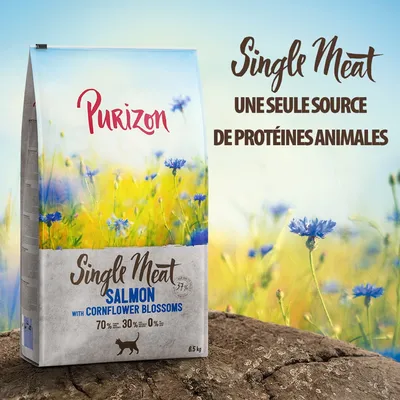 Purizon Single Meat Salmon with Cornflower Blossoms, 6,5 kg. Une seule source de protéines animales. 70 % – 30 % – 0 %. Texte en anglais sur l’emballage.