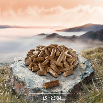Braune Pellets auf einem Stein, Länge 1,5–2,5 cm. Hintergrund zeigt eine Landschaft mit Hügeln und Nebel.