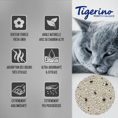 Tigerino Performance. Senteur Febreze Fresh Linen, argile naturelle avec du charbon actif, absorption des odeurs très efficace, ultra absorbante, extrêmement agglomérante, peu poussiéreuse.