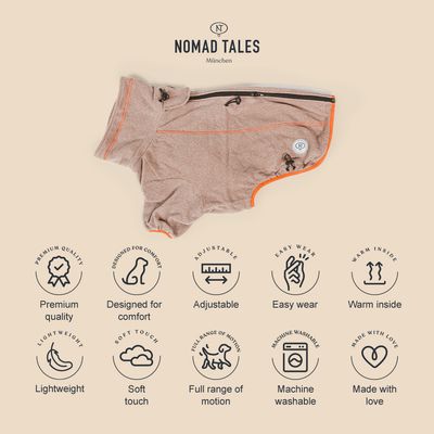 Nomad Tales München hondenjas. Kenmerken: premiumkwaliteit, comfortabel design, verstelbaar, makkelijk aan te trekken, warme binnenkant, licht, zachte textuur, bewegingsvrijheid, machinewasbaar, met liefde gemaakt.