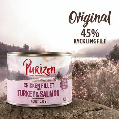 Purizon Chicken Fillet with Turkey & Salmon Adult Cats, 200 g. Original 45 % kycklingfilé. Text på engelska och svenska synlig på burken och i bilden.