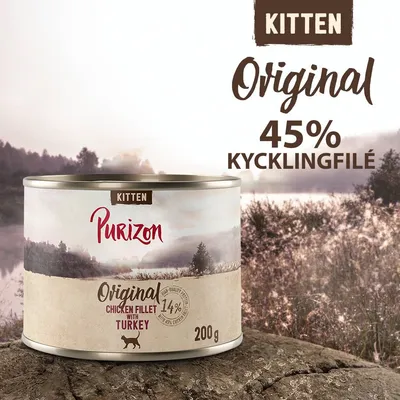 Purizon Kitten Original, 45 % kycklingfilé, burk 200 g. Text: Original Chicken Fillet with Turkey, 14 %. Bild på kattmatburk med naturmotiv. Purizon Kitten Original, 45 % kycklingfilé, burk 200 g. Text: Original Chicken Fillet with Turkey, 14 %. Bild på kattmatburk med naturmotiv.