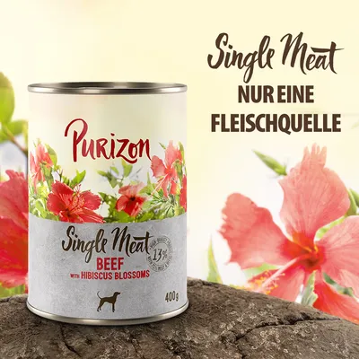 Purizon Single Meat Beef mit Hibiskusblüten, nur eine Fleischquelle, 400g Dose, 13% Frischfleischanteil. Premium-Qualität für Hunde.